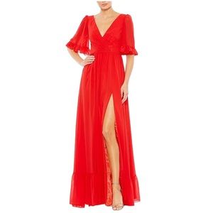 MacDuggal Ruffle Trim Faux Wrap Flutter Sleeve A line gown Cherry apple Red 20